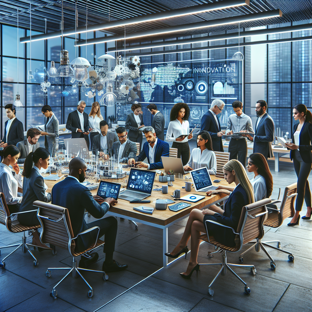 Diverse group of professionals collaborating in a modern office with technology and research materials.