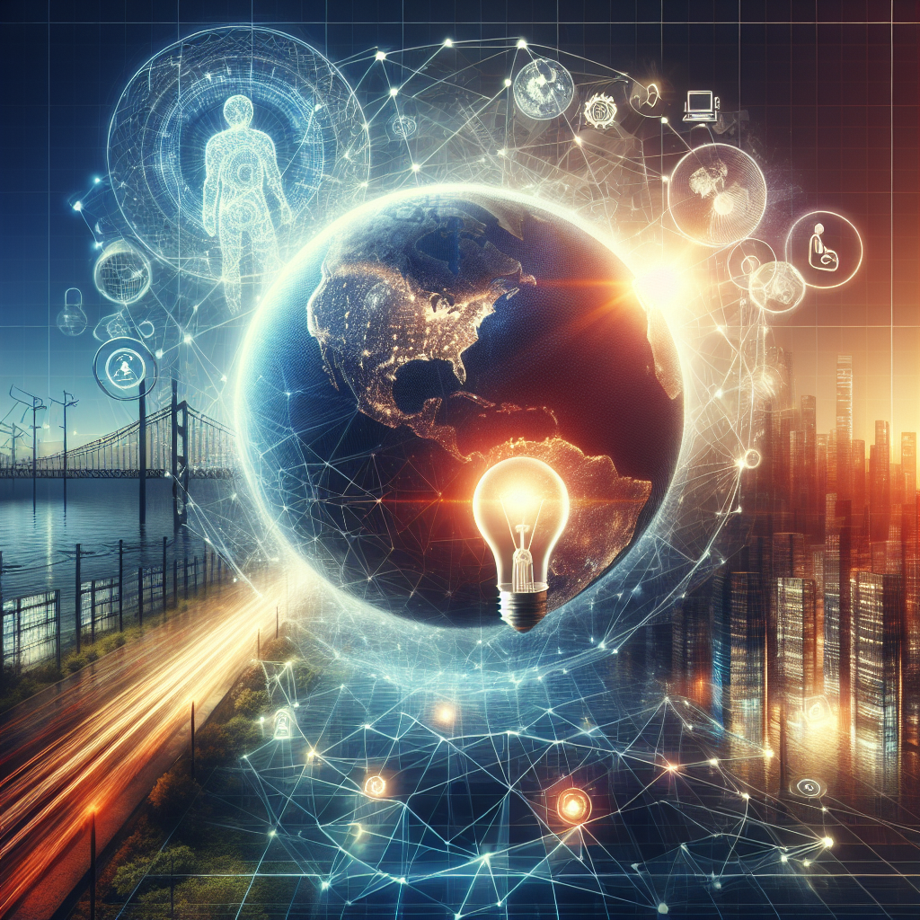 An image symbolizing economic development studies with a globe and elements like a bridge, a human silhouette, and a light bulb representing infrastructure, human capital, and innovation.