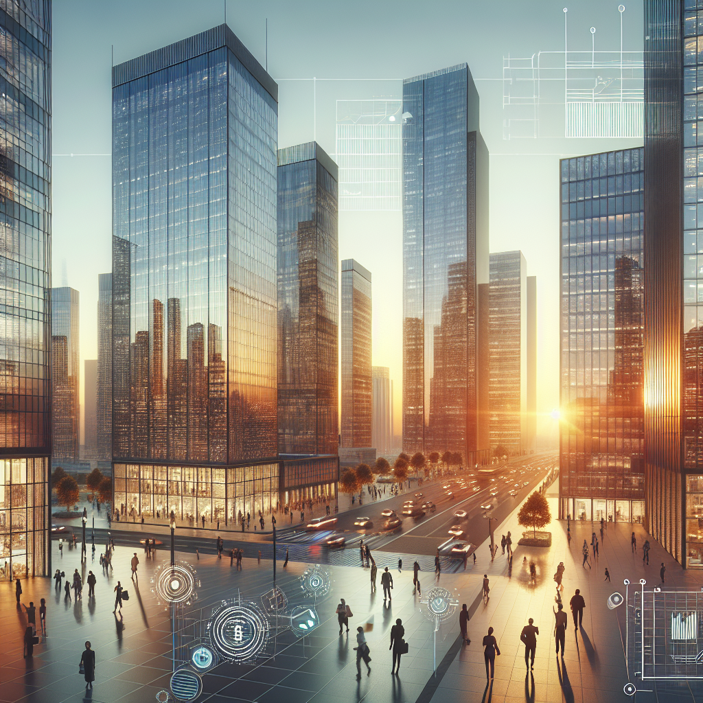 A modern city at sunset representing economic development with skyscrapers and people.