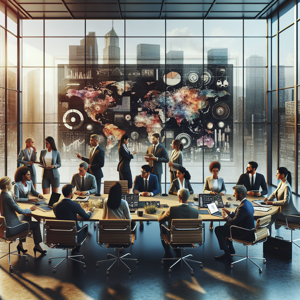 Business professionals in a modern office, symbolizing innovation and research.