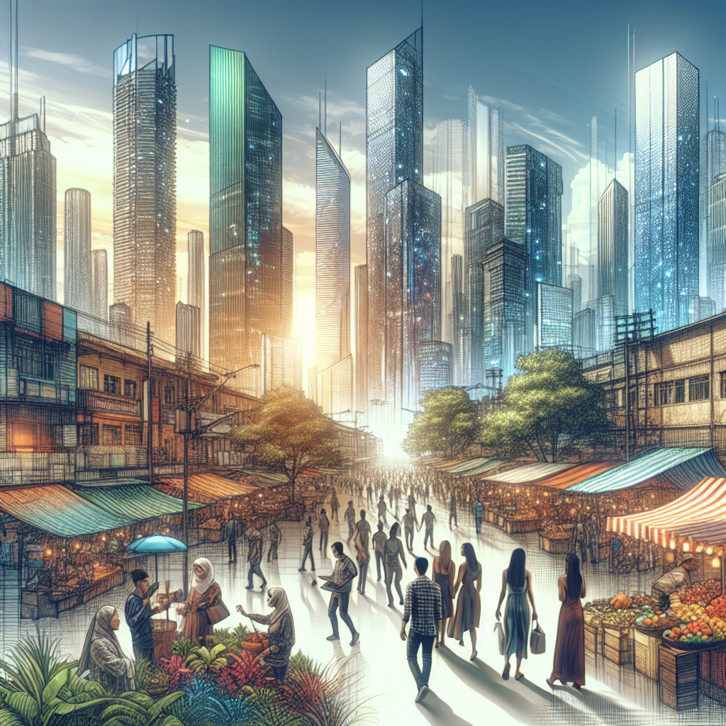Illustration of a modern cityscape symbolizing economic development with skyscrapers, diverse individuals, and advanced technology.