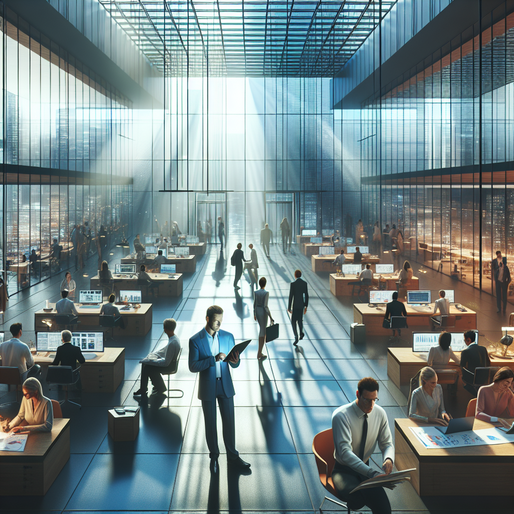A diverse group of professionals in a modern office, focused on business innovation.