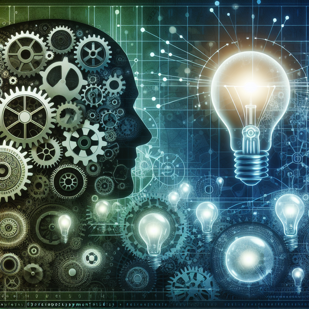 Abstract representation of economic development with gears, a human silhouette, and light bulbs symbolizing growth factors.