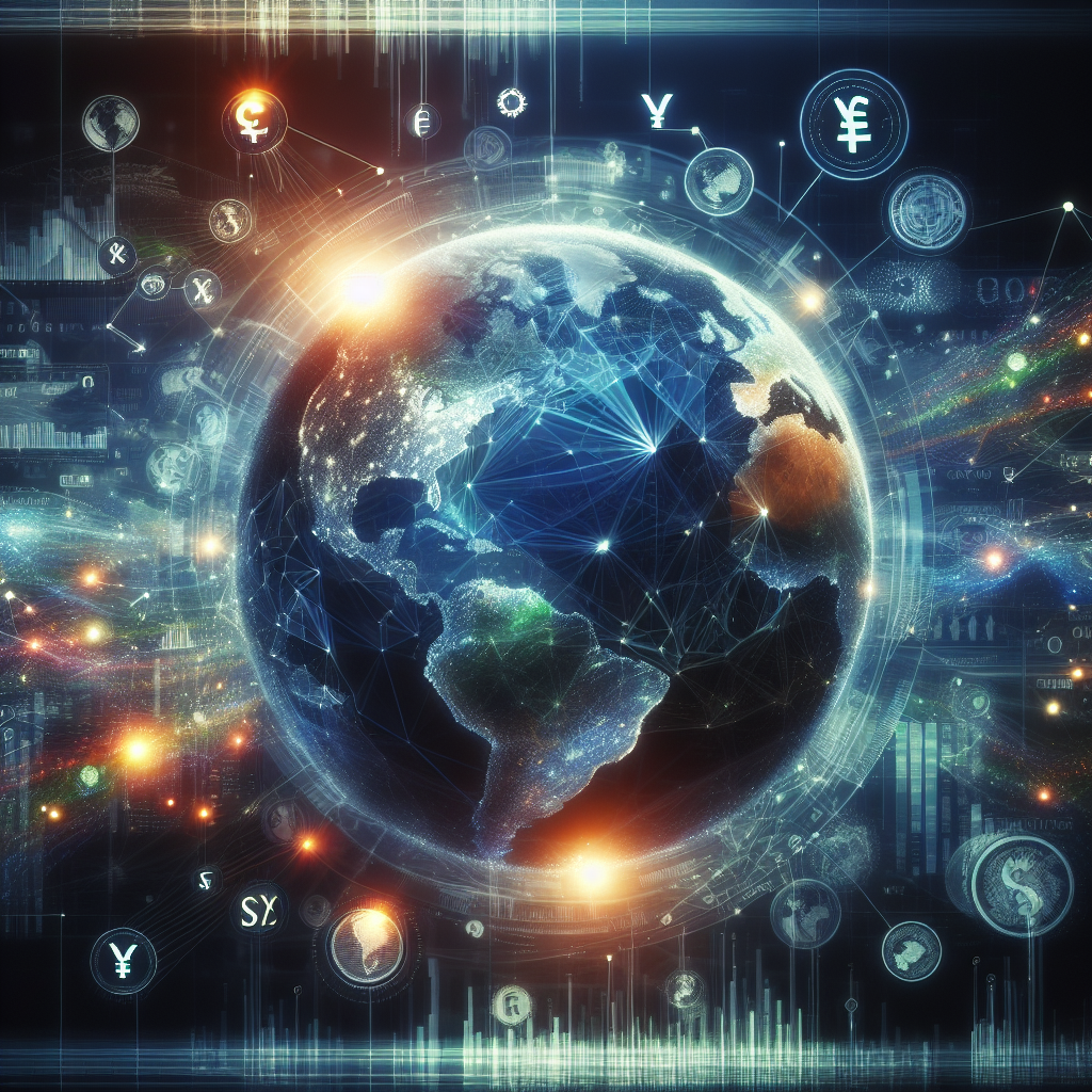 Global economic landscape with interconnected trade, finance, and policy elements visualized around a globe.