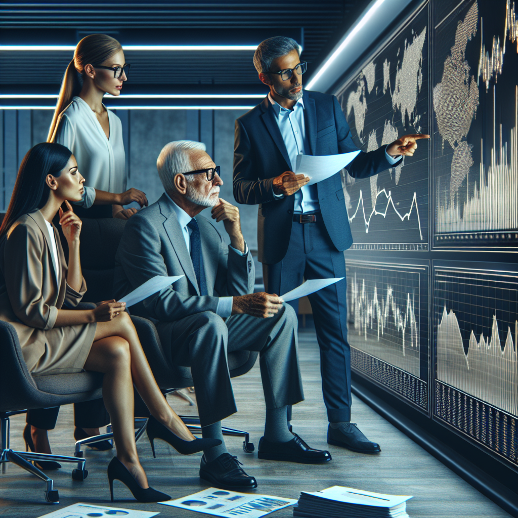 A group of professionals discussing economics policy analysis in a modern office.