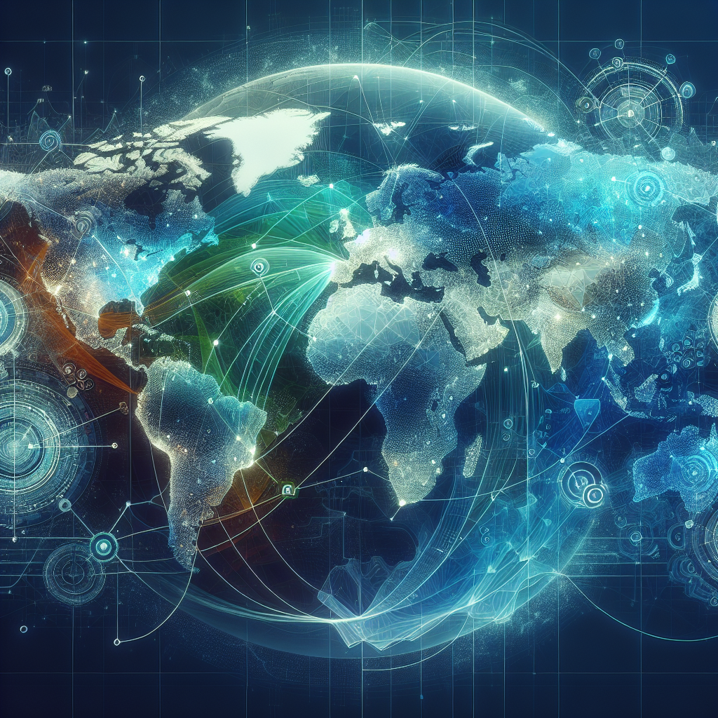 An artistic image of a world map with economic graphs and global market connections.