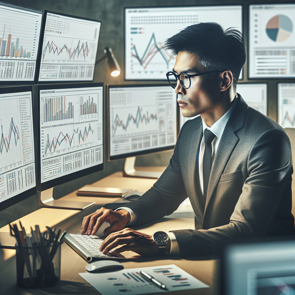 An economist analyzing data on computer screens in a modern office setting.