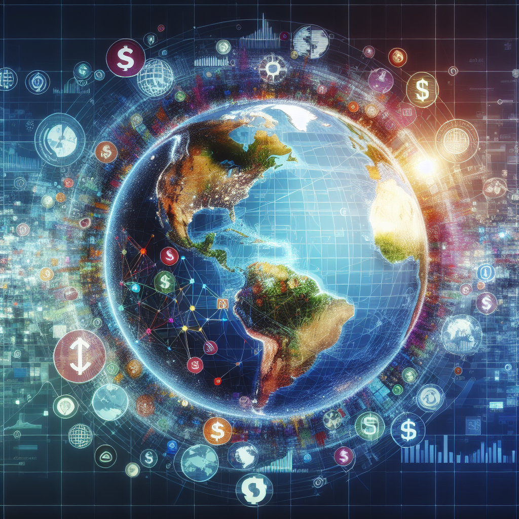 A globe with economic symbols representing global markets, depicting interconnected global economics without text.