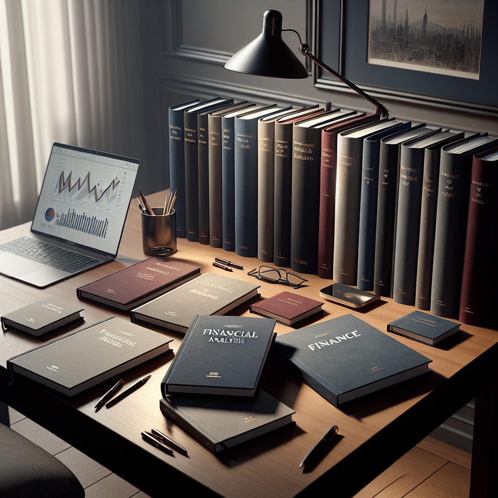 Image of a desk with financial analysis journals, a sleek laptop displaying graphs, and a modern lamp illuminating the scene.