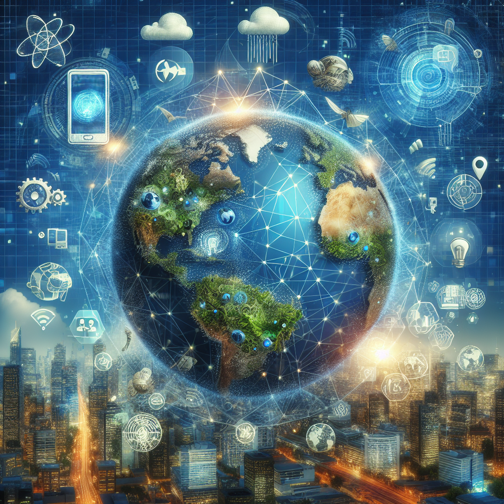 A realistic depiction of an international business scene with global connectivity and digital technologies.