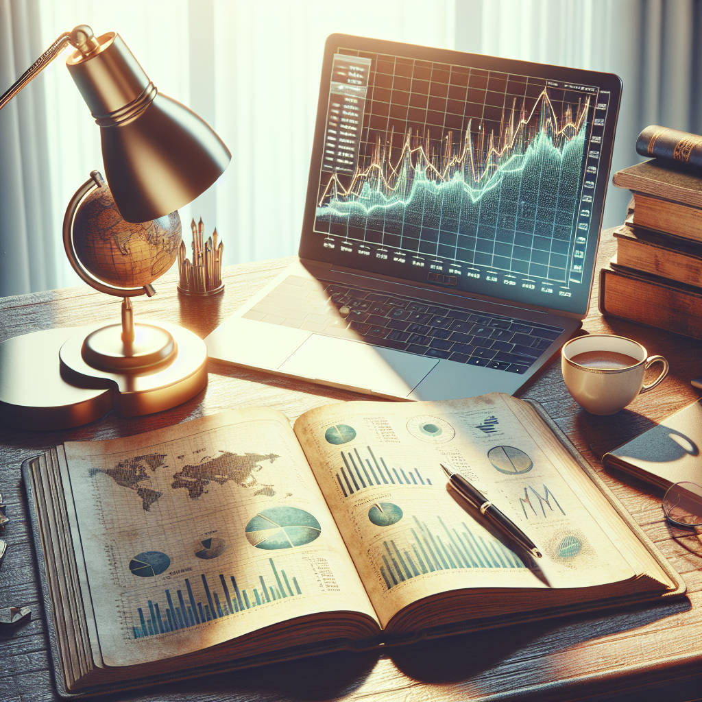 A realistic depiction of a financial analyst's desk with a journal, globe, and coffee cup.
