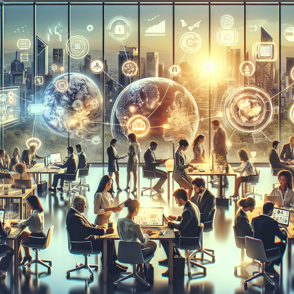 Business professionals in a modern office with digital interfaces and a city skyline, depicting 2023 business trends.