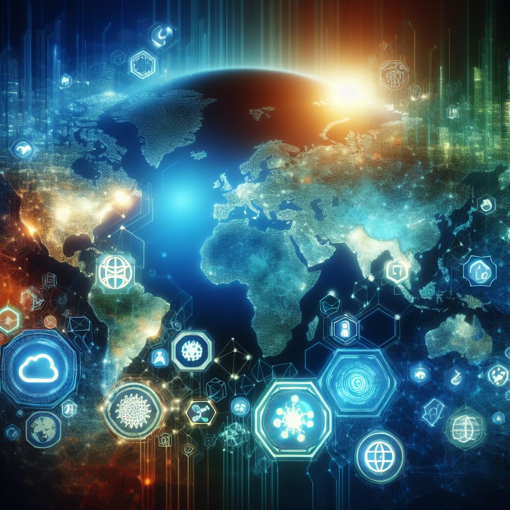 An abstract global map with digital technology symbols representing international business trends in 2023.