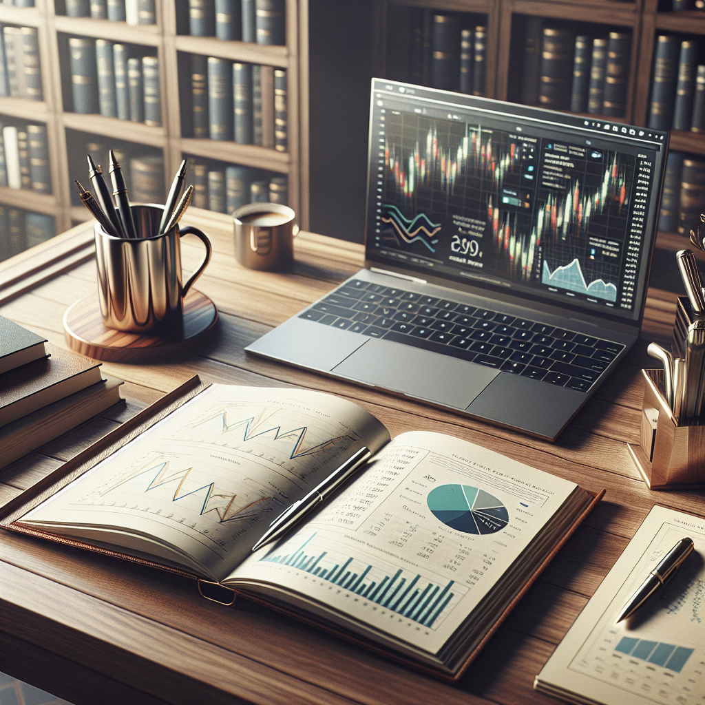 A realistic depiction of a desk with a financial journal open, a laptop, a pen holder, and a bookshelf, symbolizing financial analysis.