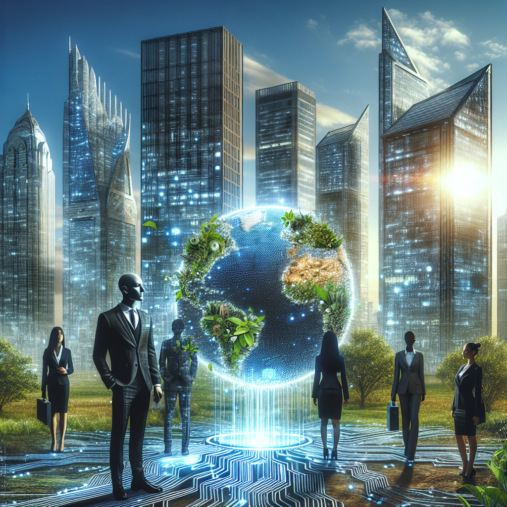 Image showing modern international business trends with a cityscape, digital elements, sustainability and diverse business people.