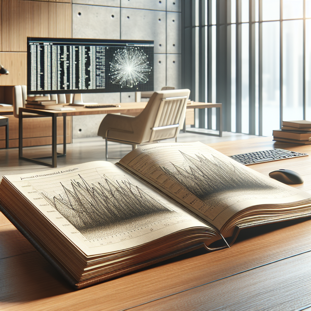 A financial analysis journal open on a desk with charts, in a modern office setting, illuminated by natural light.
