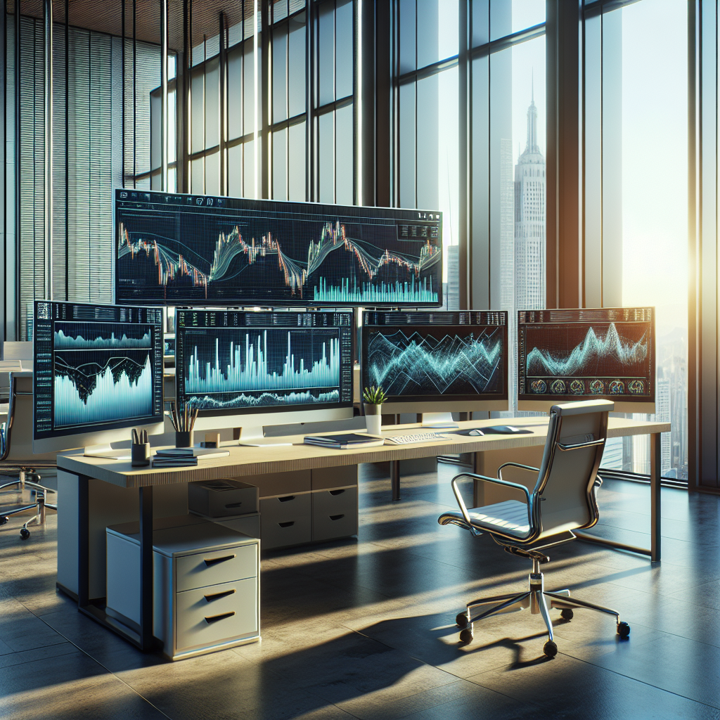 Financial market analysis workspace with computer screens showing graphs and charts, in a bright office setting.