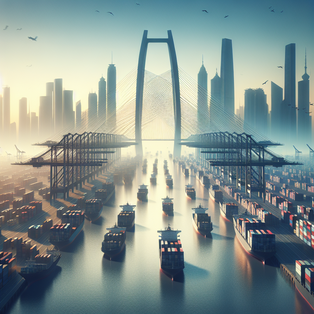 Realistic image of a busy city port with cargo ships and skyscrapers representing cross-border trade.