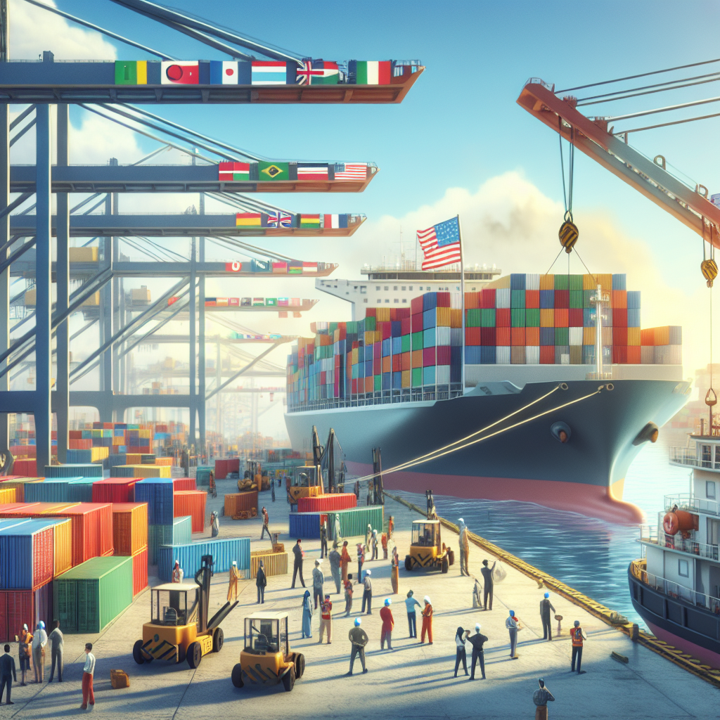 A bustling international trade port with cargo ships, cranes, and workers symbolizing global trade.
