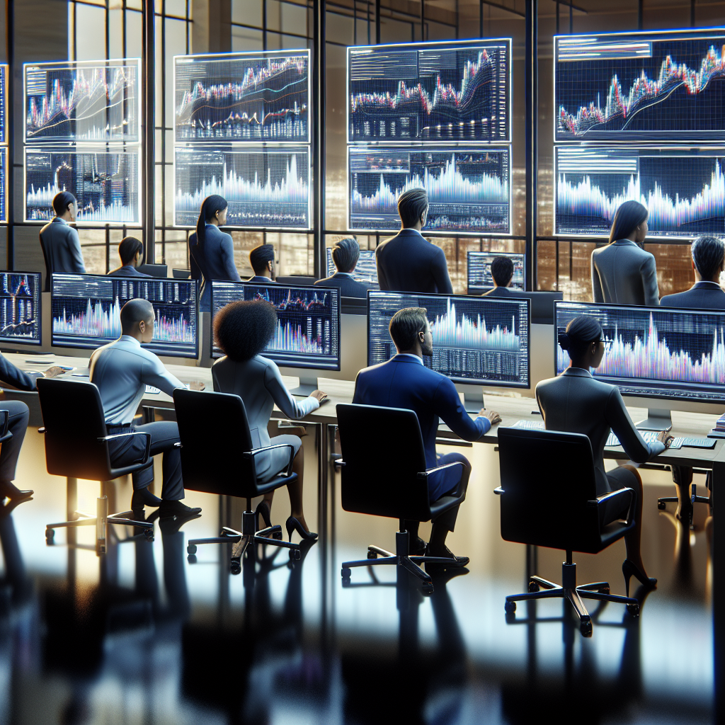 Analysts examining financial market data on multiple screens in a modern office setting.