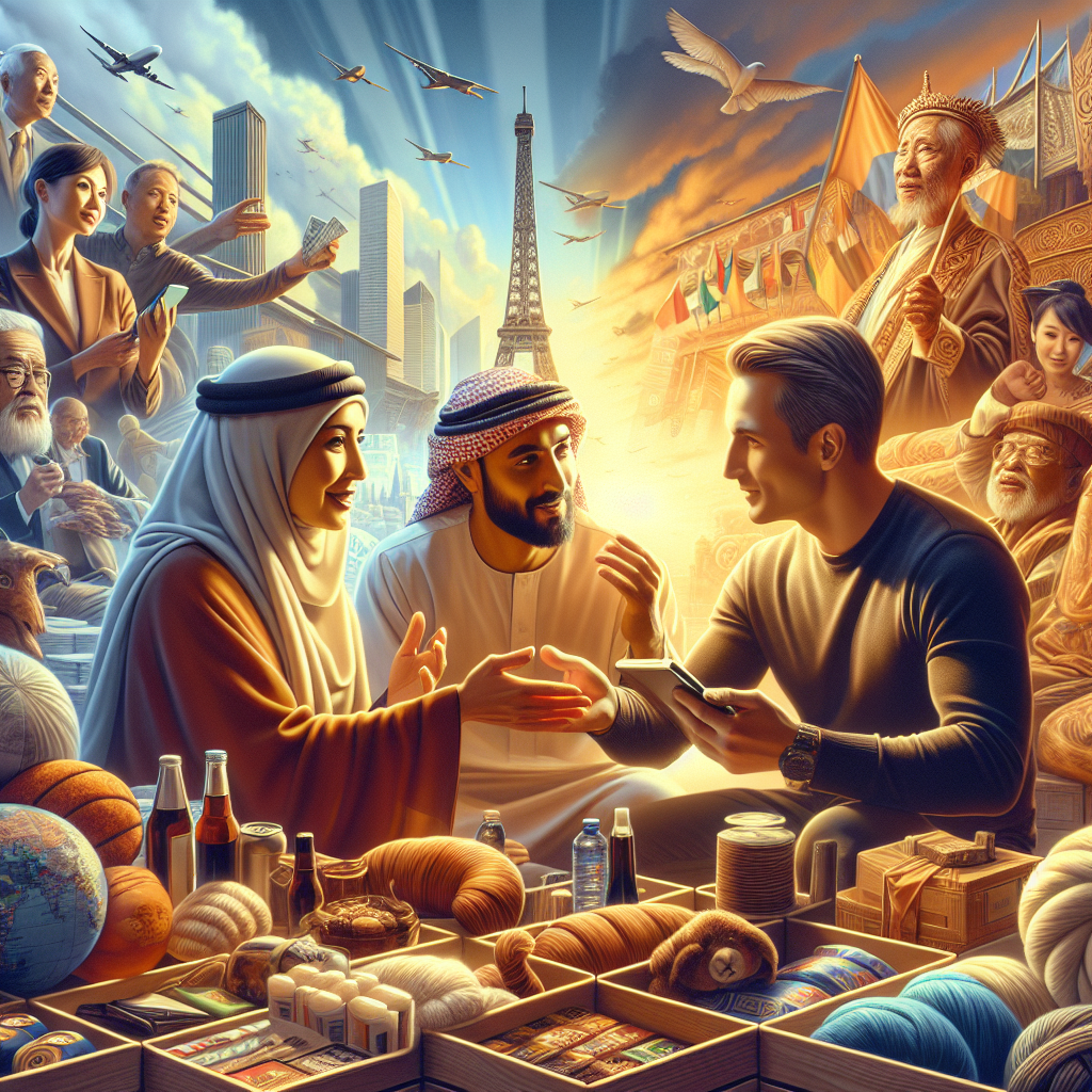 Image showing diverse people discussing cross-border trade amidst global landmarks and cargo.