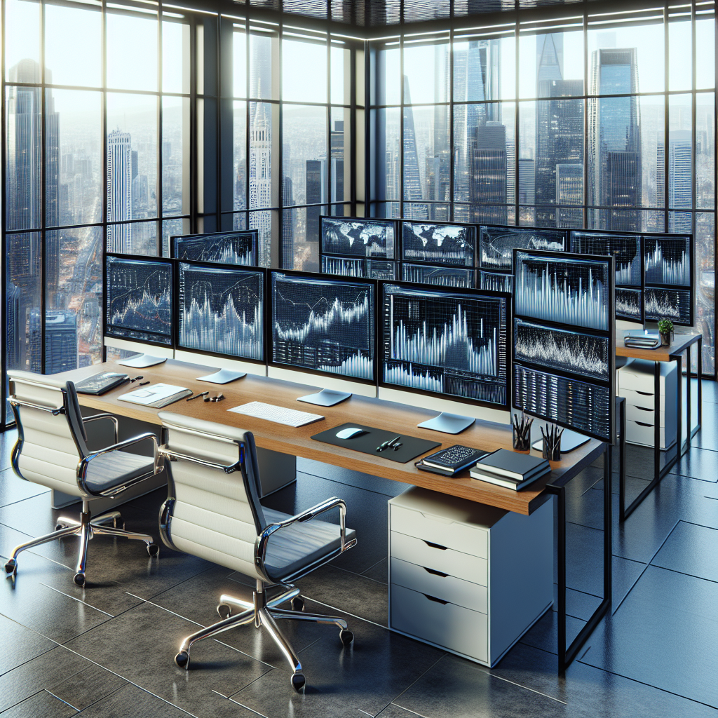 A modern financial analyst's workspace with multiple monitors showing graphs and charts in a high-rise office.