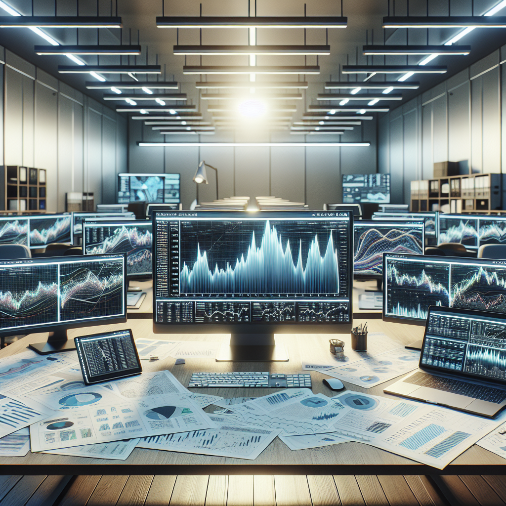 A financial analyst's desk with multiple screens showing stock market graphs, financial documents, and a laptop displaying data visualizations.