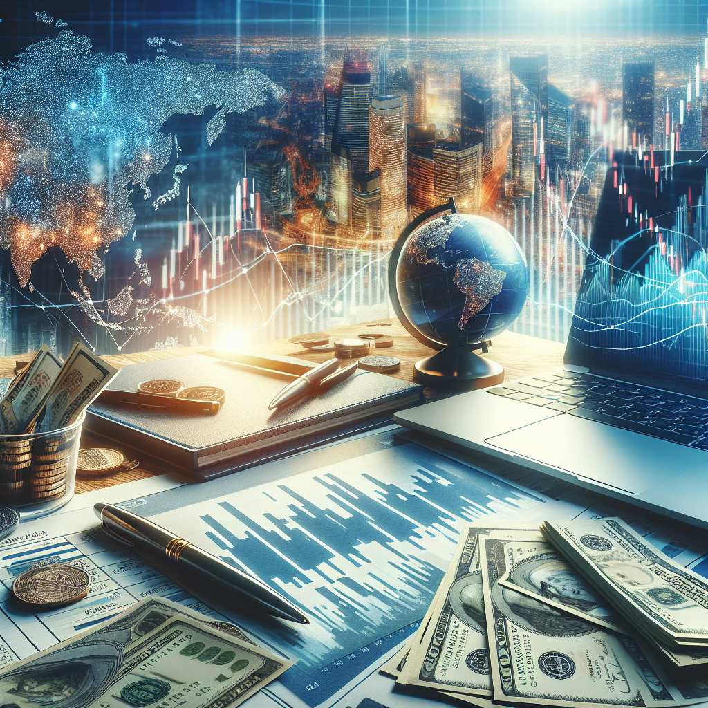 An investor's desk with financial reports, a globe, a laptop showing currency graphs, and a city skyline in the background.