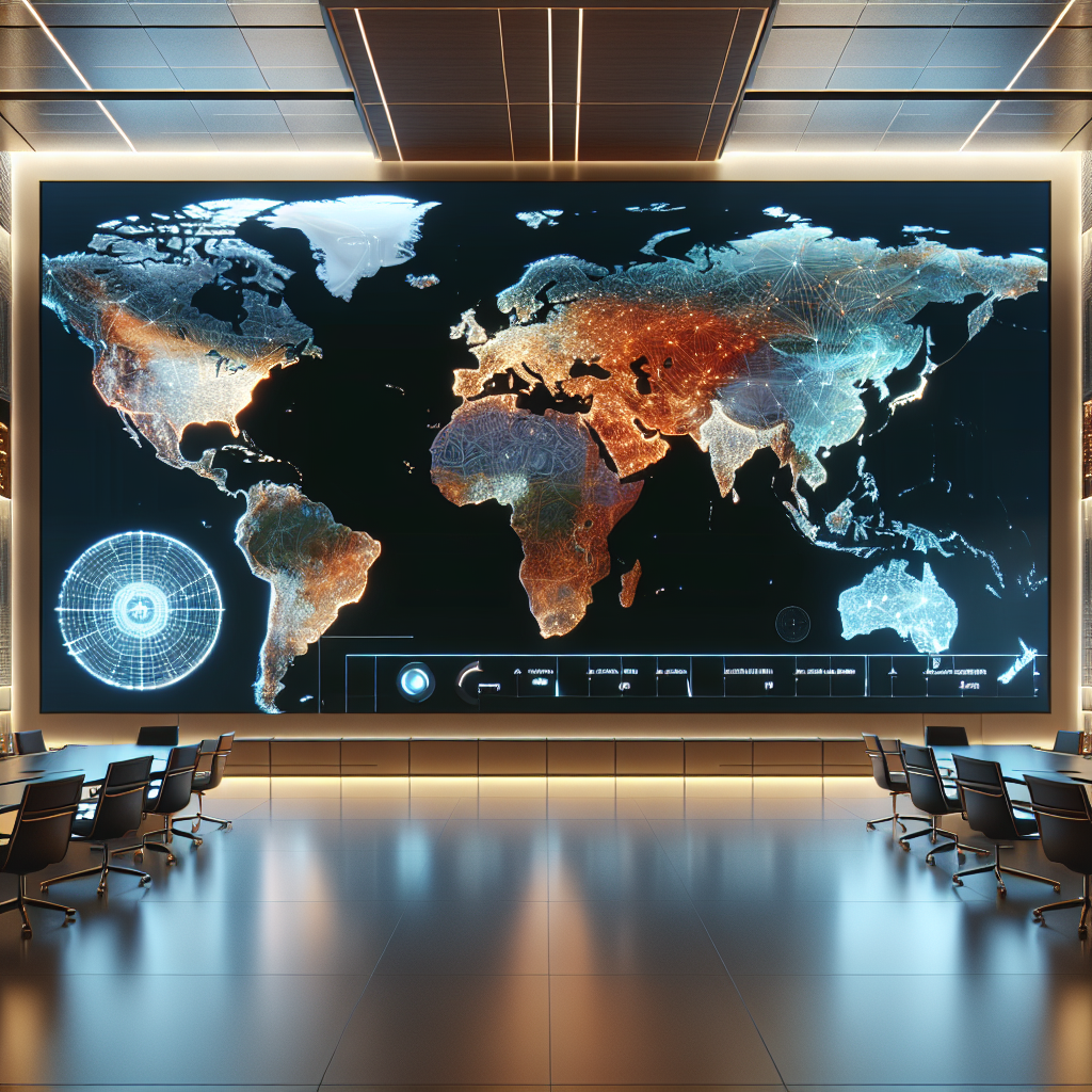 A digital world map on a modern office screen, conveying global connectivity.