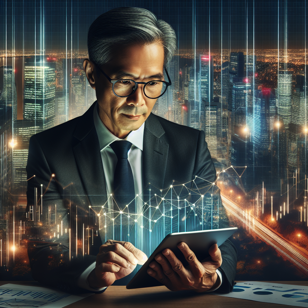 An investor analyzing emerging market data in a dynamic office setting.