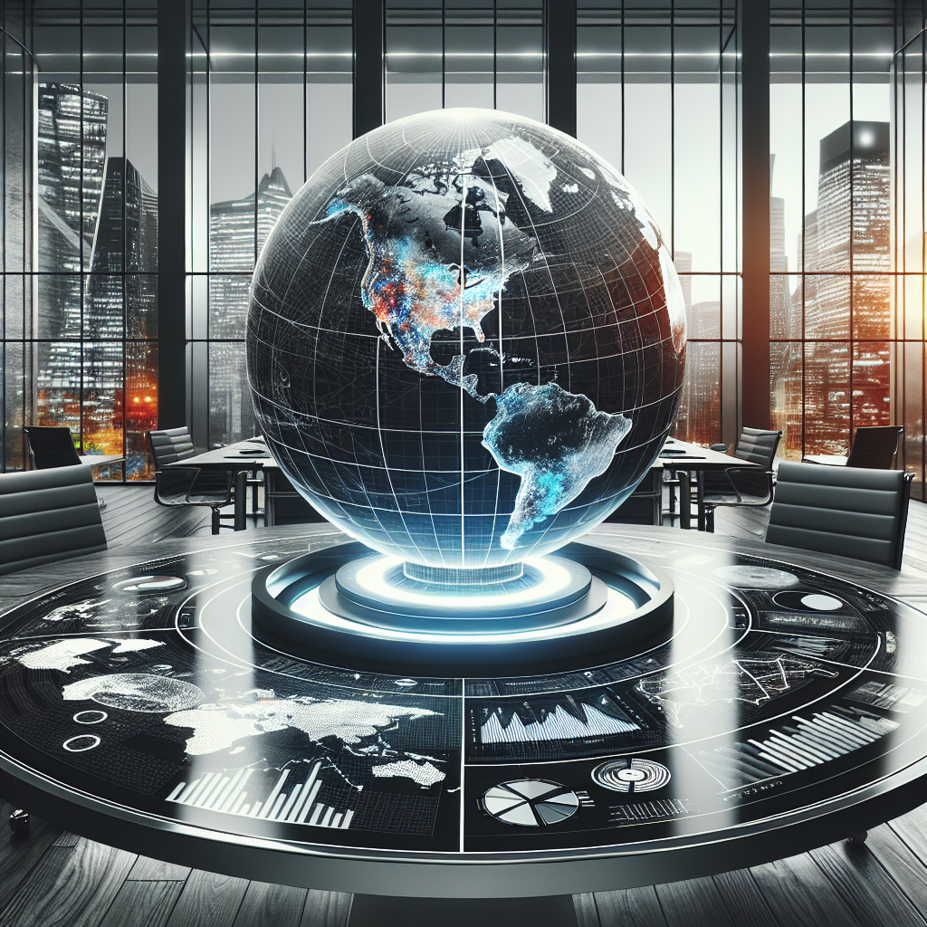 A realistic depiction of a globe on an office desk with economic reports and cityscape background, symbolizing global business.