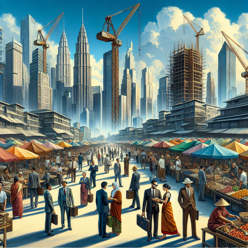 A realistic image of a bustling emerging market scene with diverse people, skyscrapers, and signs of economic growth.