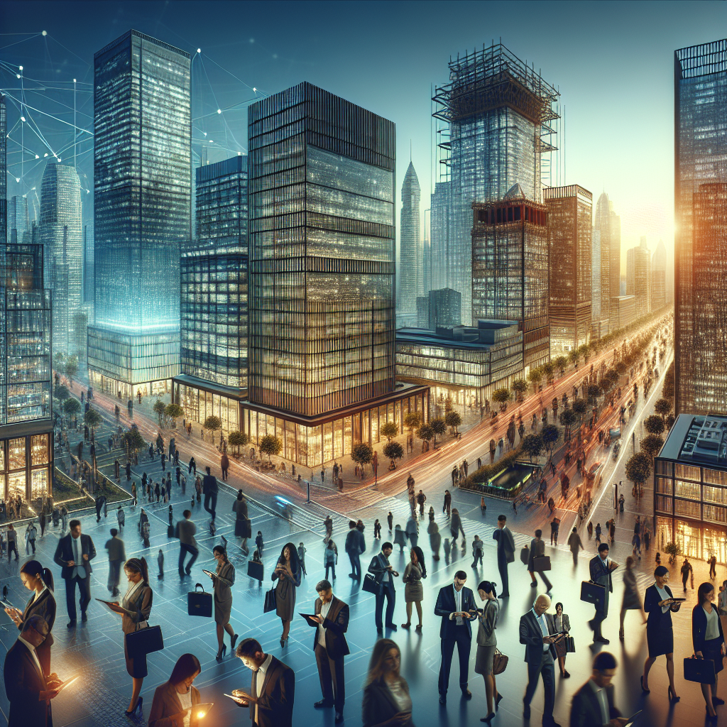 A cityscape representing an emerging market with people analyzing data.