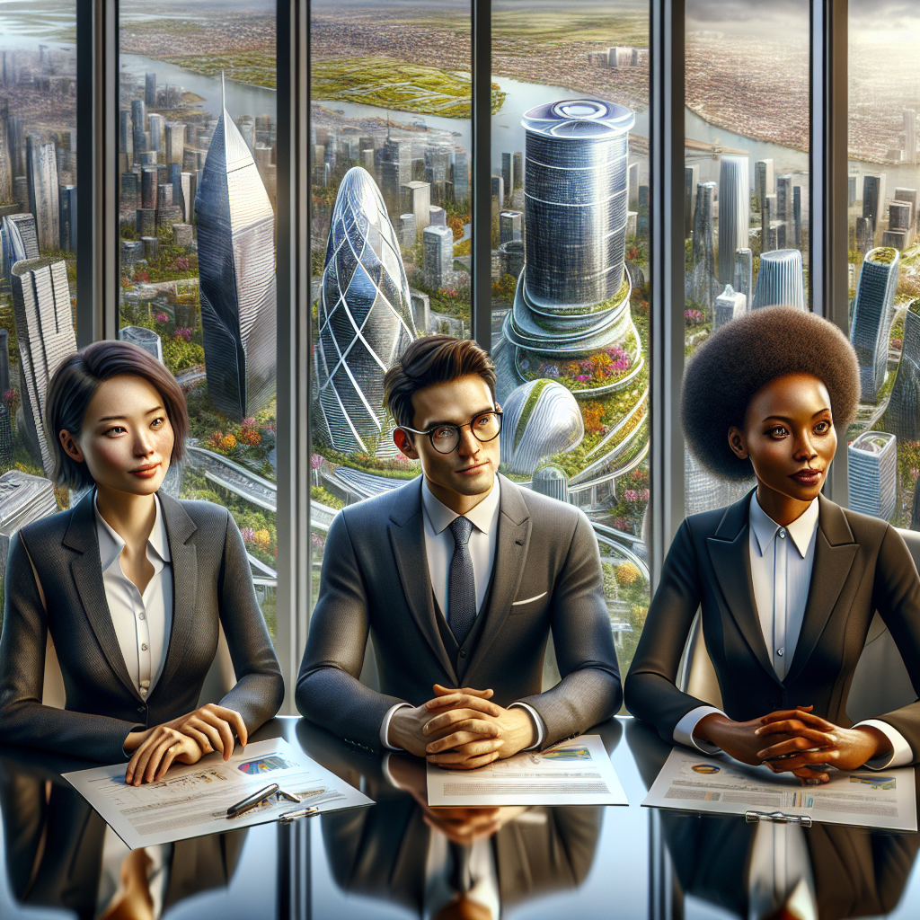 Professionals discussing global economics with a futuristic cityscape view.