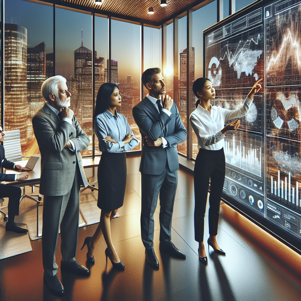 Business professionals analyzing market data on a digital board in a modern office.