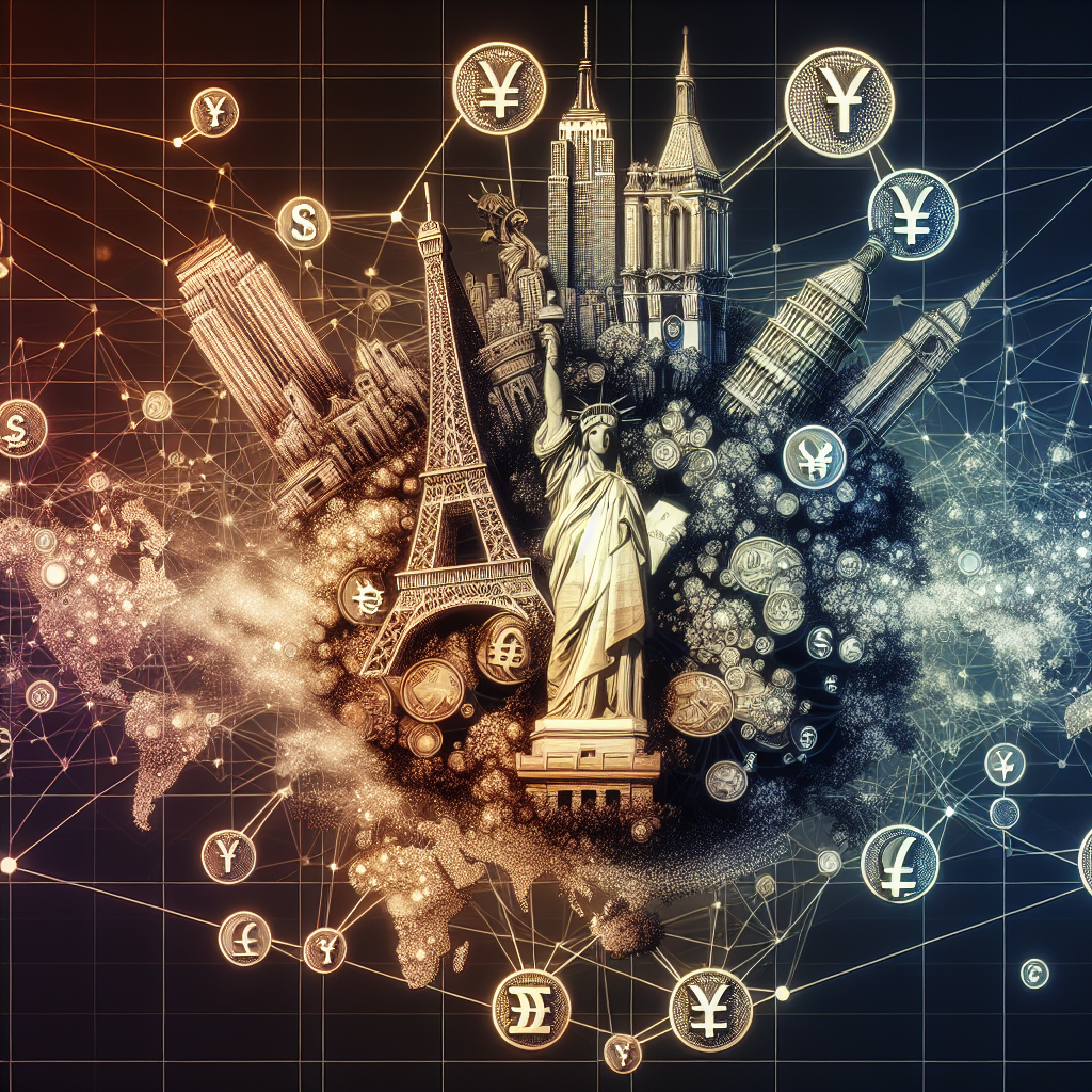 Interconnected world landmarks and currency symbols representing global economics.