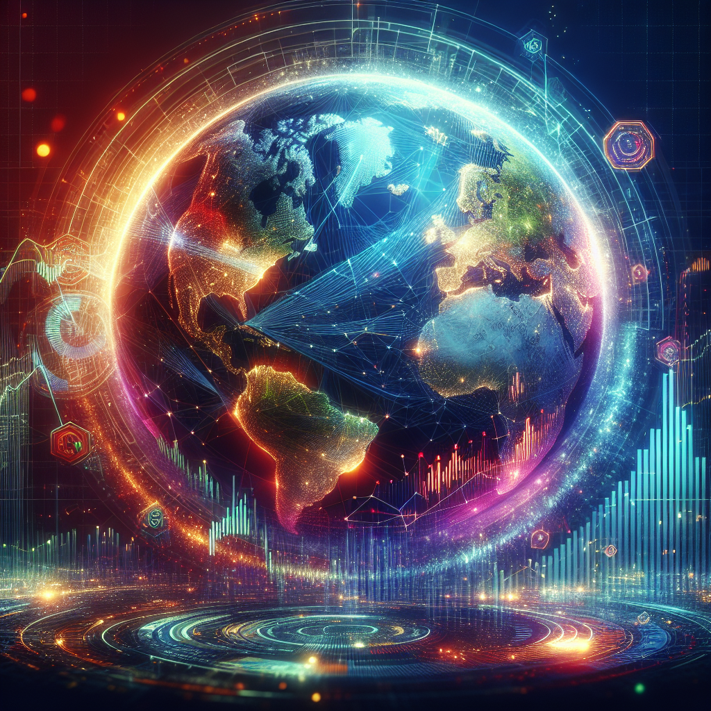 A realistic depiction of global economic connectivity on a stylized globe.
