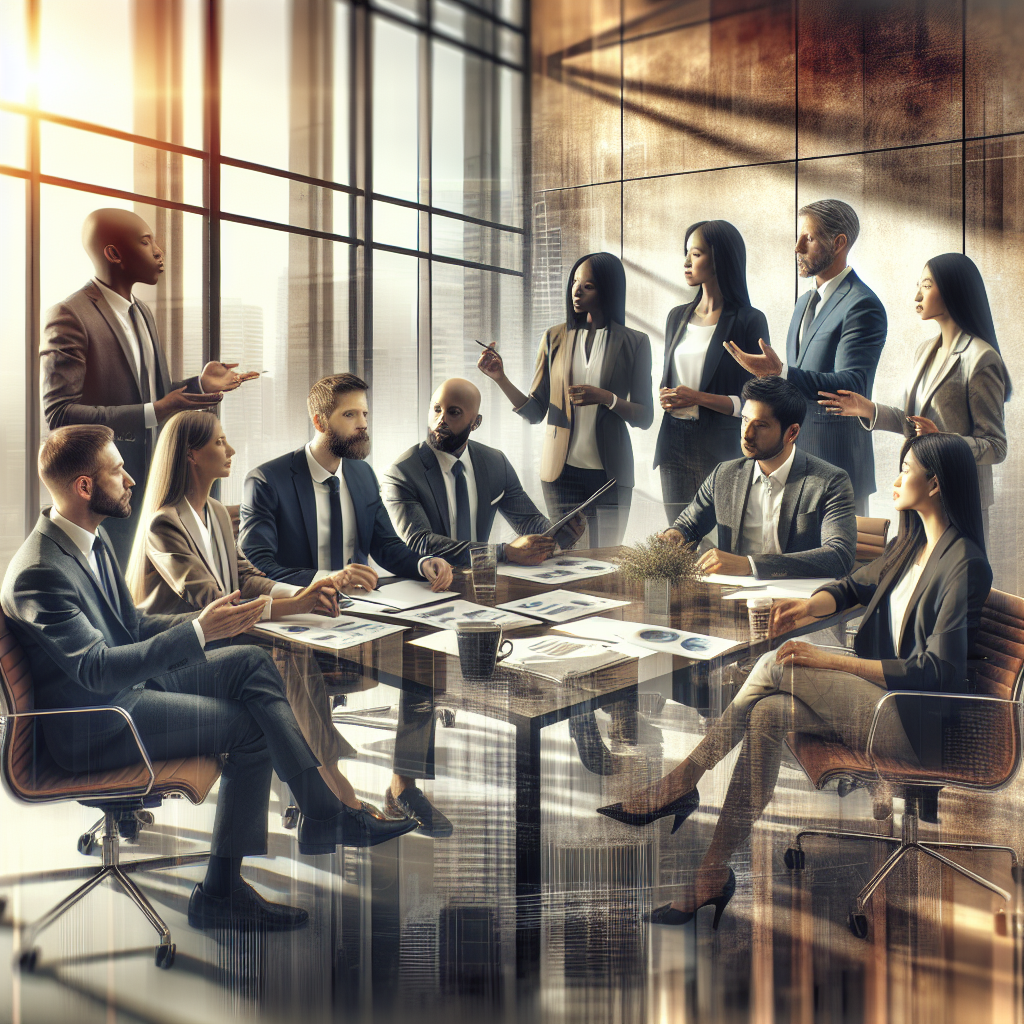 Business professionals in a modern office setting engaged in a strategic meeting.