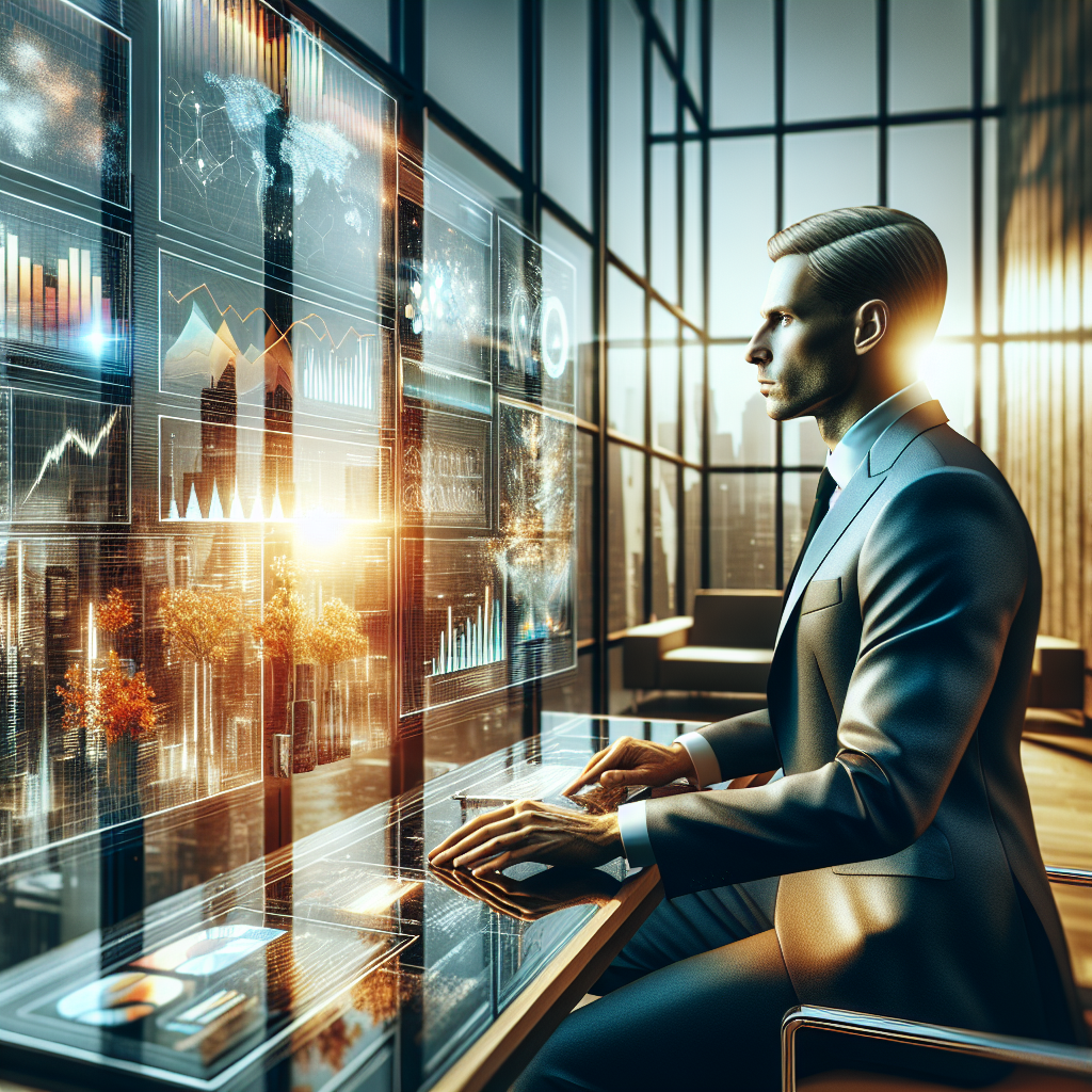 A business professional analyzing data in a modern office, with a futuristic display of colorful graphs and charts.