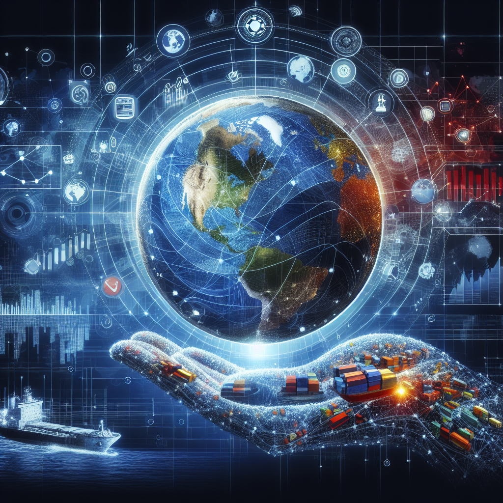 A realistic depiction of a globe showcasing global economic interconnectedness with symbols of industry, trade, and technology.