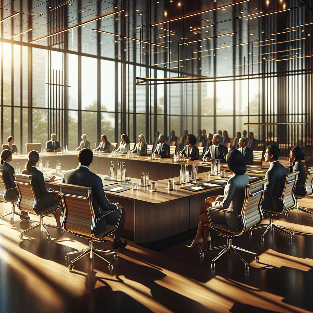 A diverse group of professionals in a corporate boardroom, engaging in discussion.