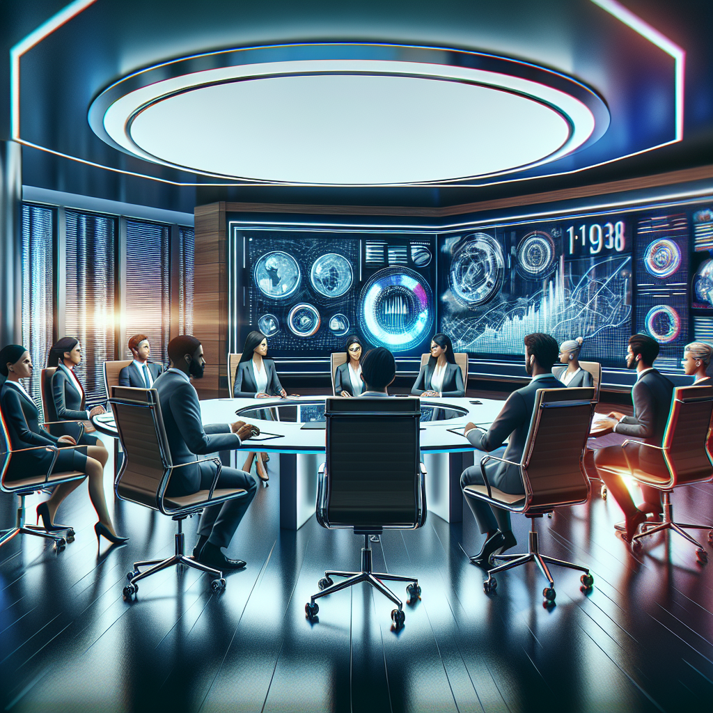 A corporate meeting room with professionals discussing business policy and governance.