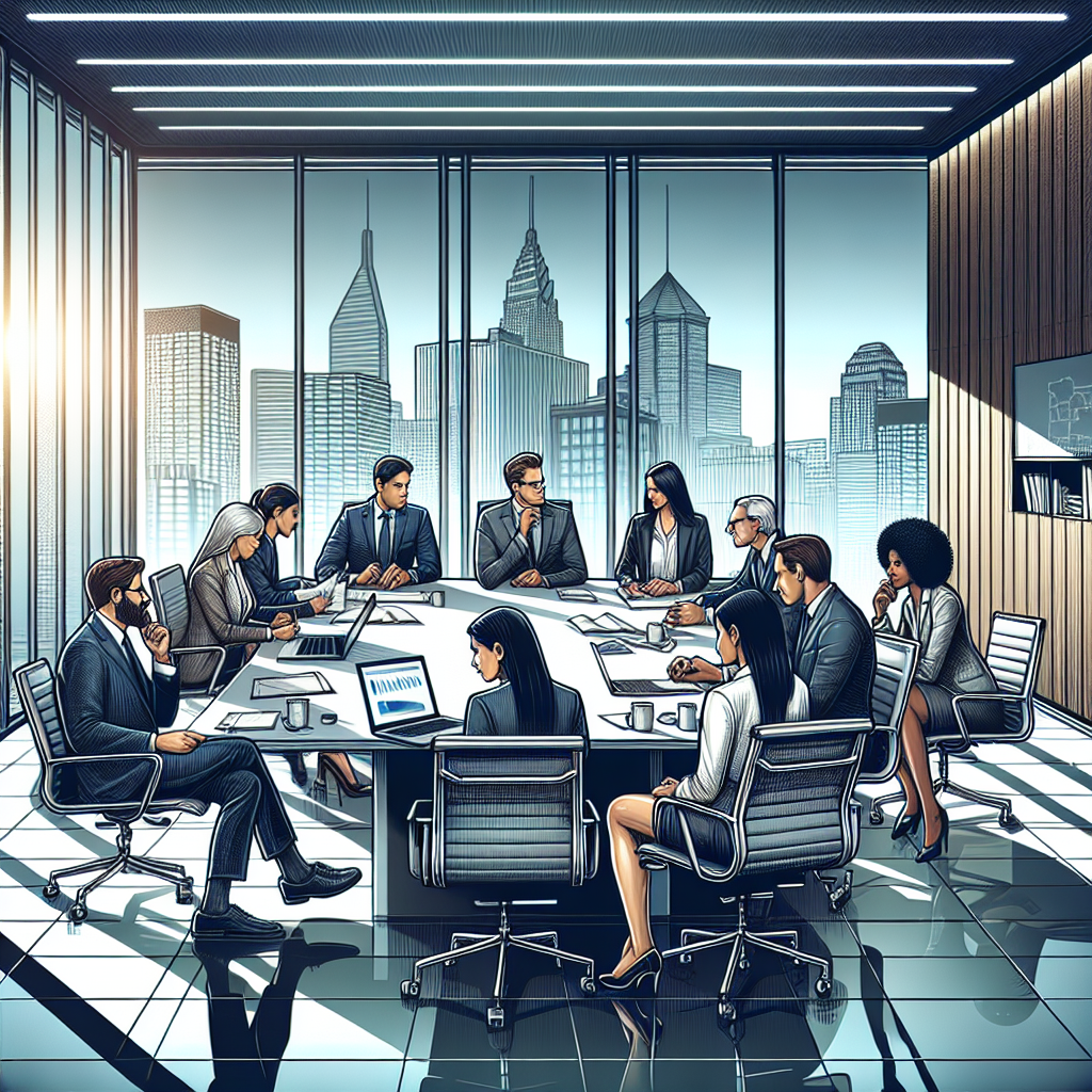 A diverse group of professionals in a conference room discussing business policies and governance.