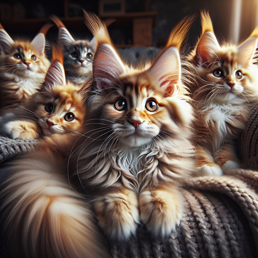 A lifelike image of playful Maine Coon kittens in a cozy home setting.