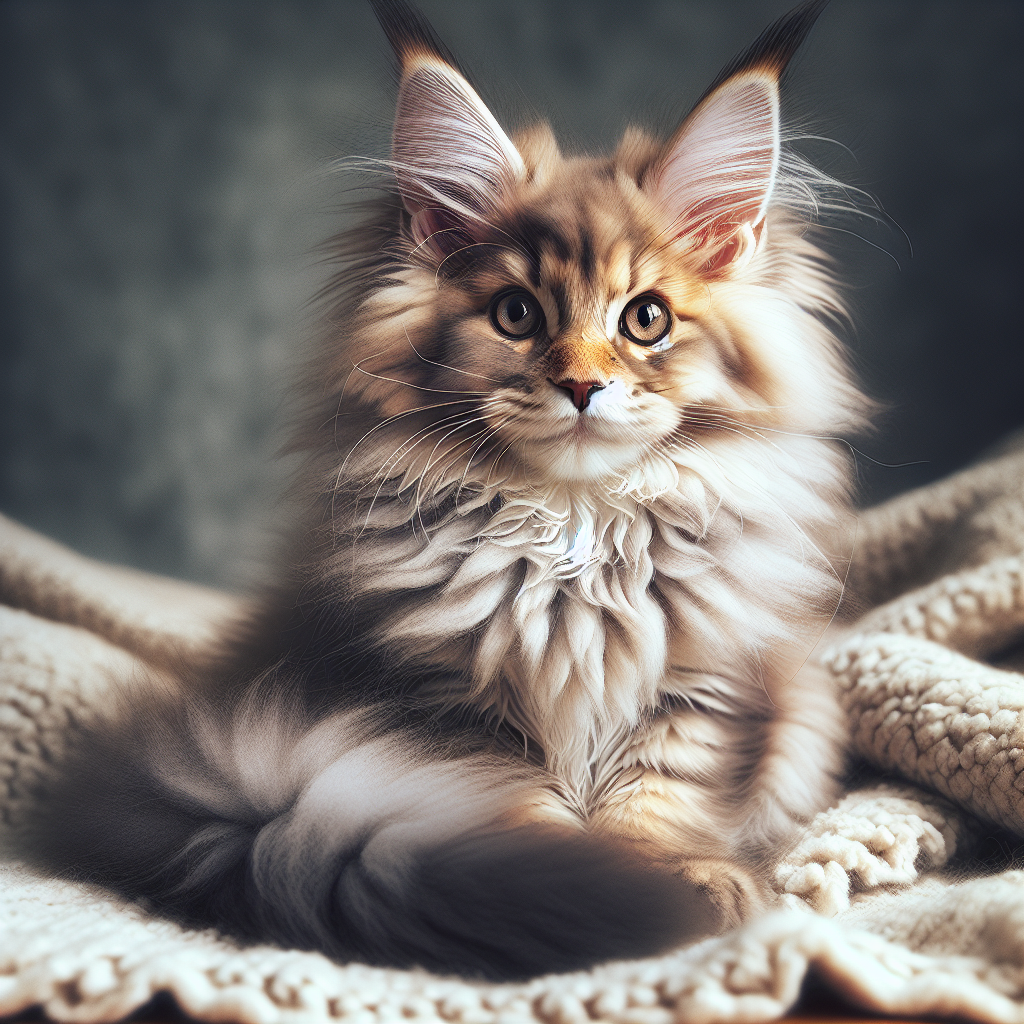 Realistic Maine Coon kitten on a soft blanket.