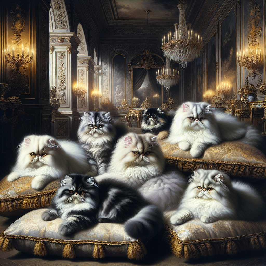A group of Persian kittens in a luxuriously decorated interior.