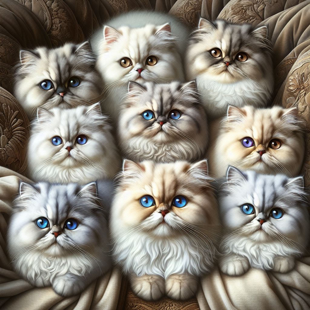 A group of realistic Persian kittens in a luxurious domestic setting.