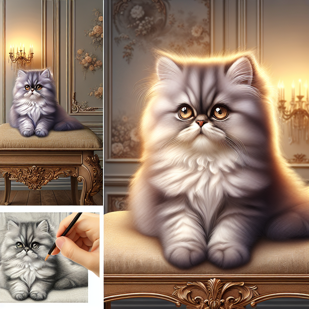 A realistic image of a luxurious Persian kitten in an opulent setting, inspired by the style of the provided link.