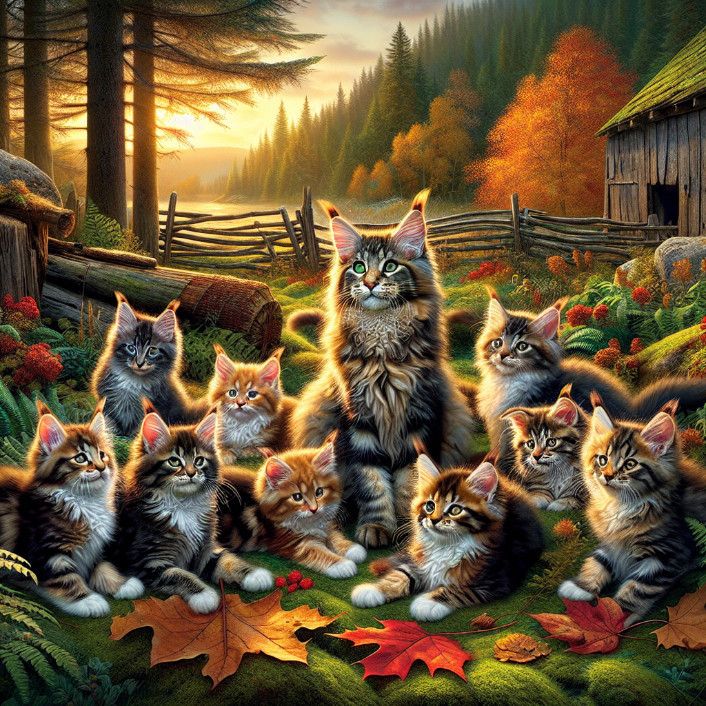 A realistic image of Maine Coon kittens playing outdoors in Maine during sunset.