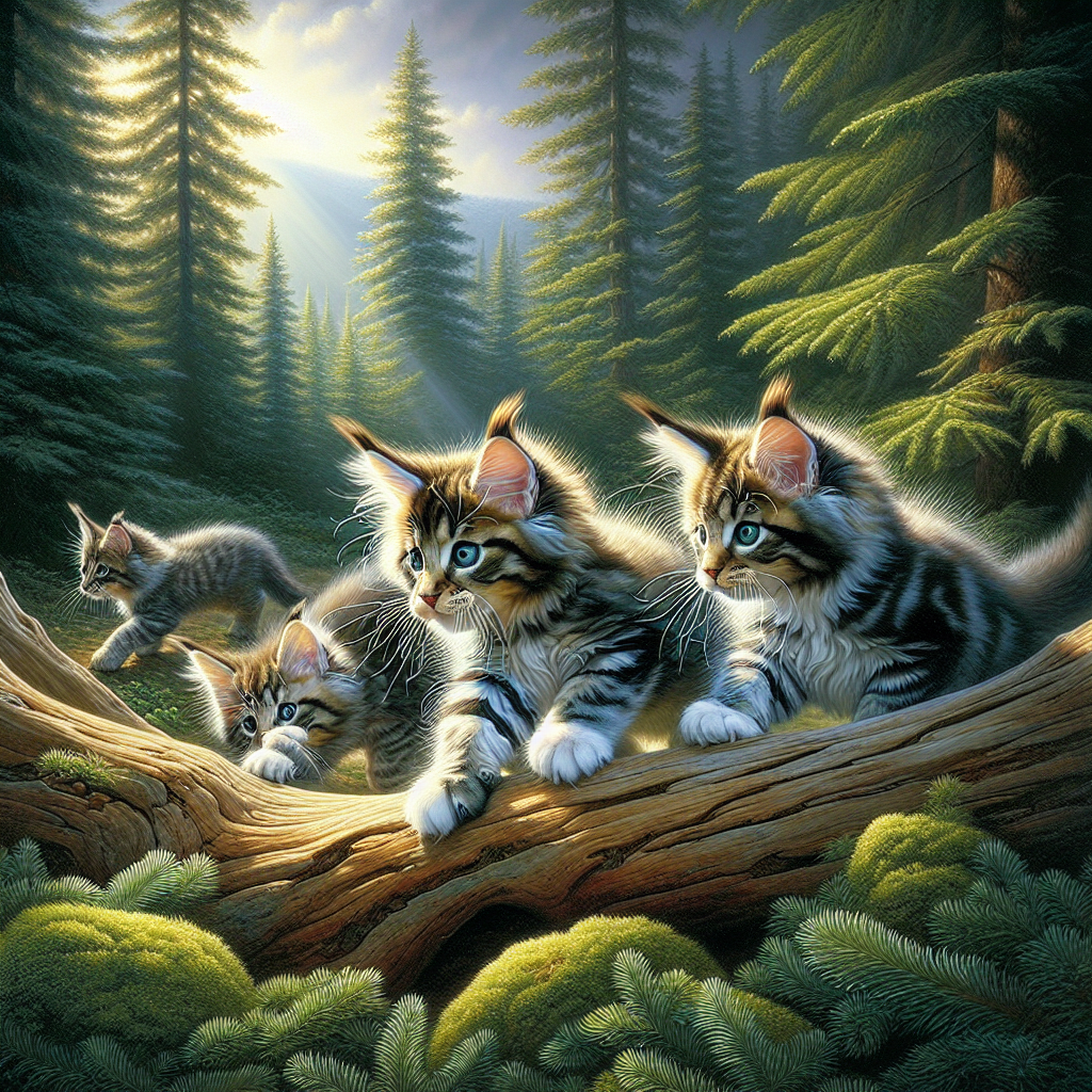 Realistic image of playful Maine Coon kittens in an outdoor Maine setting.